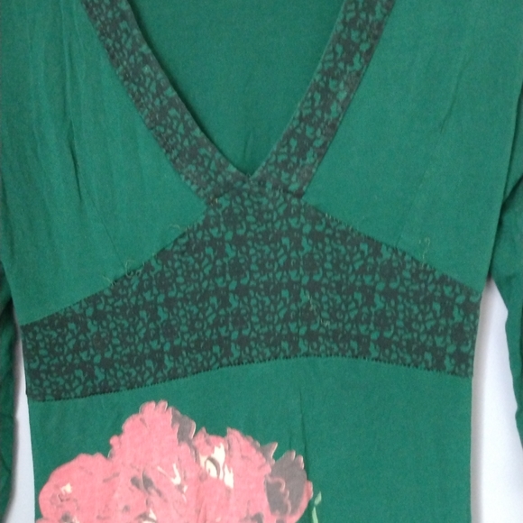 Green Flowery Modern Easy Midi Dress Size Large Stretchy 3/4 Sleeve - Picture 4 of 4